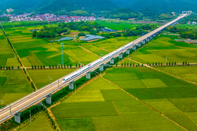 列車在杭紹臺(tái)高鐵飛馳。杭紹臺(tái)鐵路公司供圖